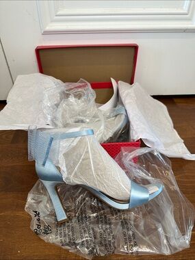 Kelly & Katie Sky Blue Satin Ankle-Strap Stilettos